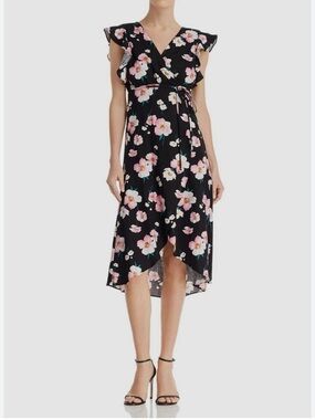 Aqua Black Floral High-Low Wrap Dress with Pink Blooms